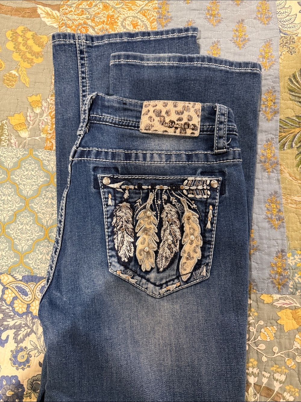 Grace Blue Boot Cut Jeans with Embroidered Feather Pocket
